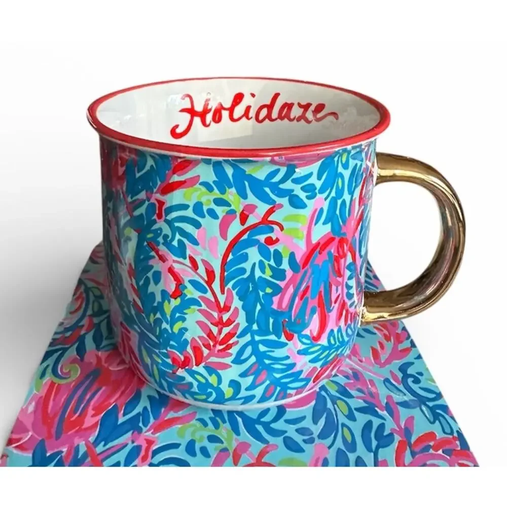 Lilly Pulitzer Holiday Print Ceramic‎ Mug w/ Gold Handle • Boxed New
